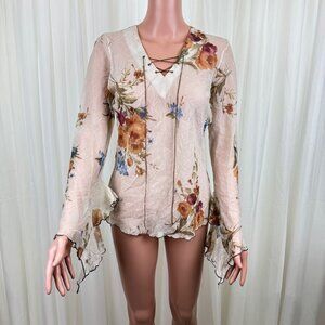90's Y2K Freelance Floral Bell Sleeves V-Neck Peasant Top Blouse Size Medium Bei